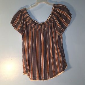 Off the shoulder stripped blouse.